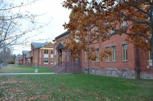 A series of old buildings.