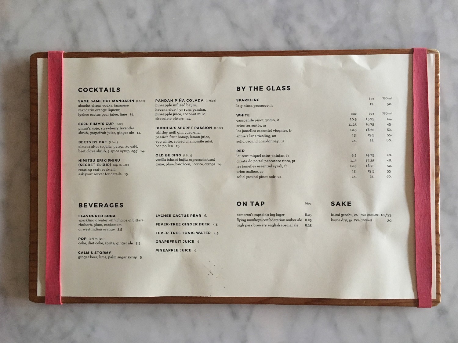 Drink menu of R&D Spadina
