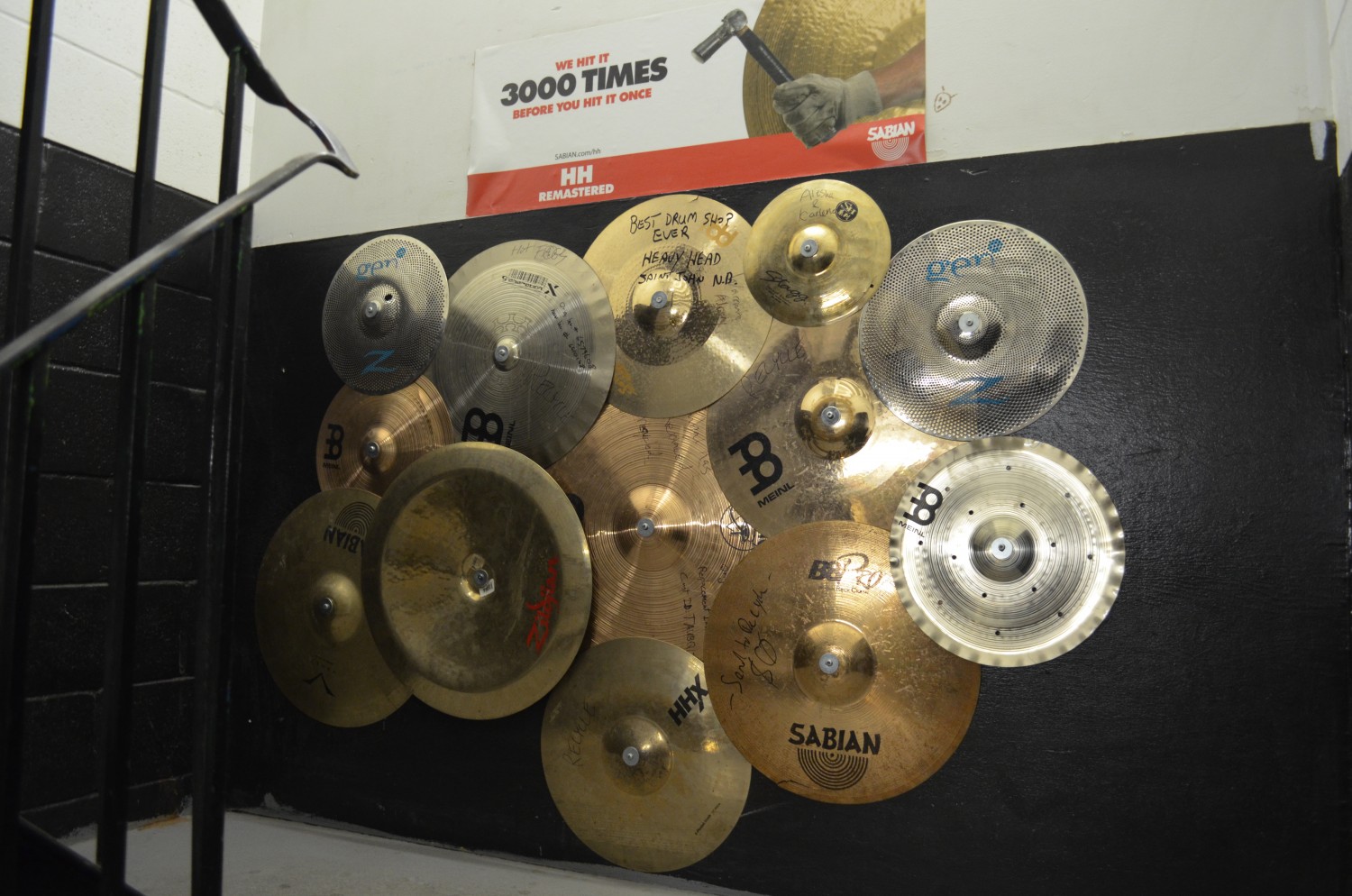 Cymbals A cluster of drum cymbals on a wall