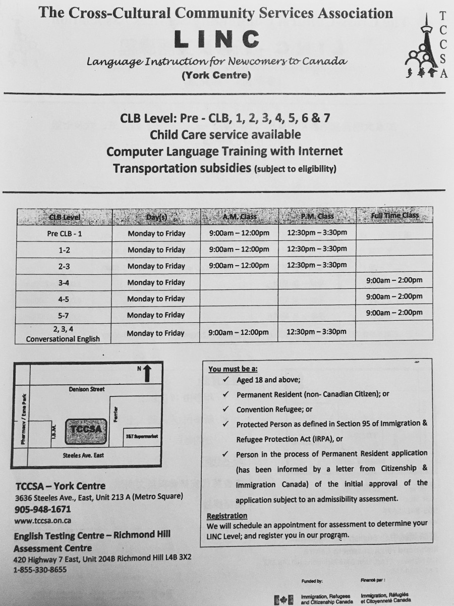 Form from TCCSA about LINC (Language Introduction for Newscomers to Canada)