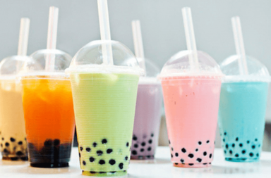 close up shot of 6 different types of bubble teas